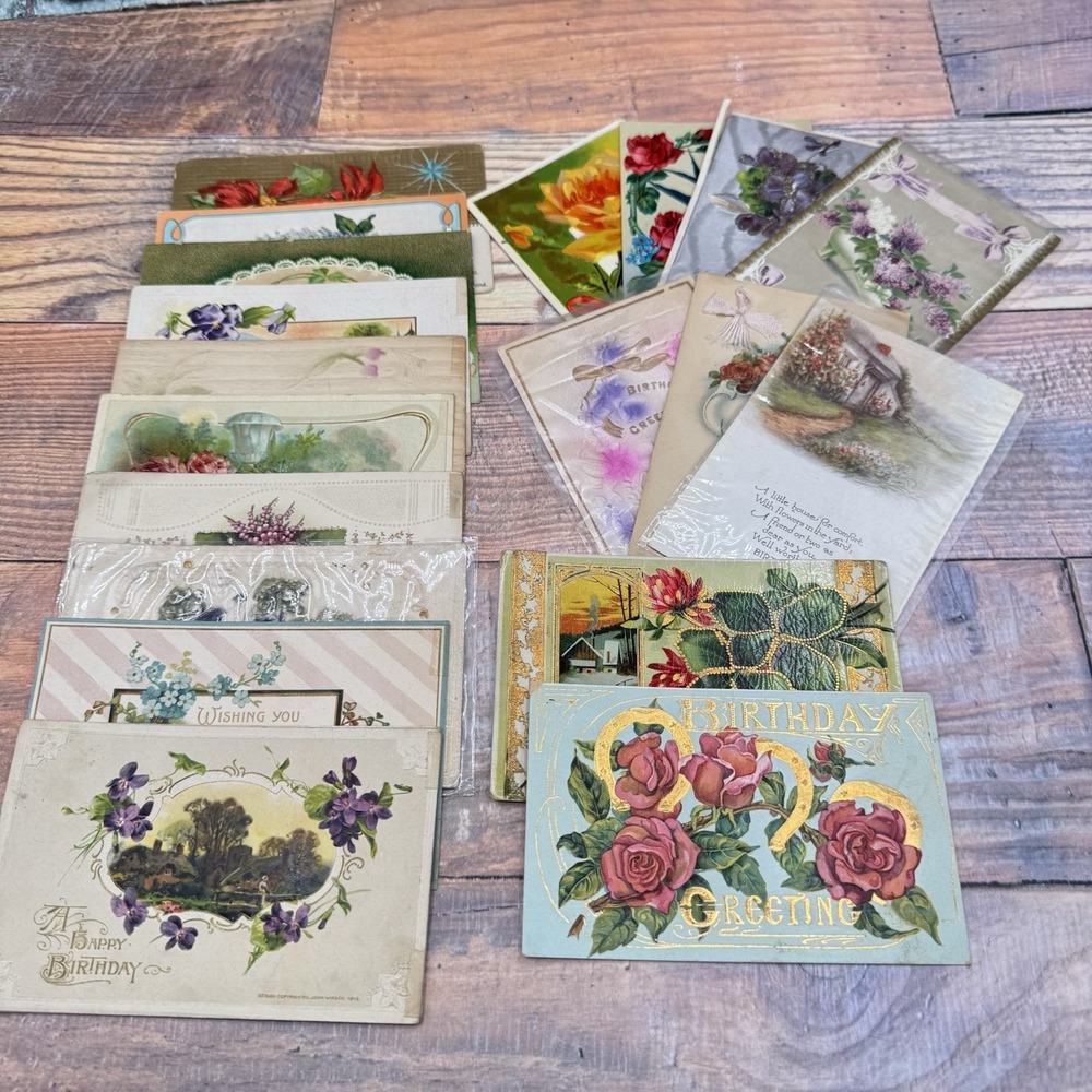 Antique Postcard Flower Birthday Greeting Cards Lot of 21 Signed Early 1900s
